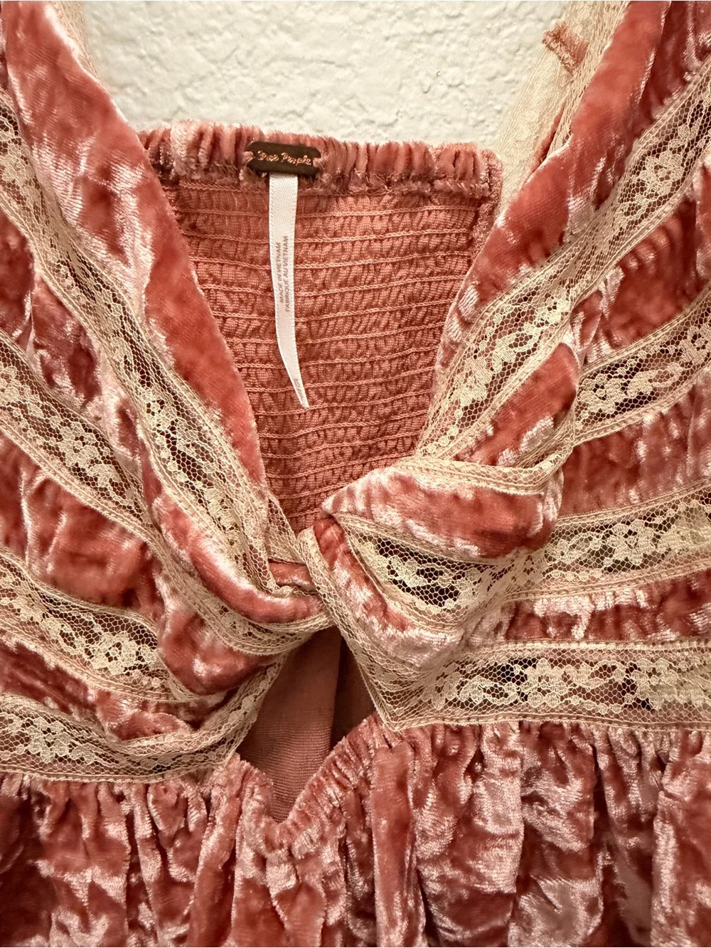 Free People Rose Crushed Velvet Lace-Trim Peplum Top